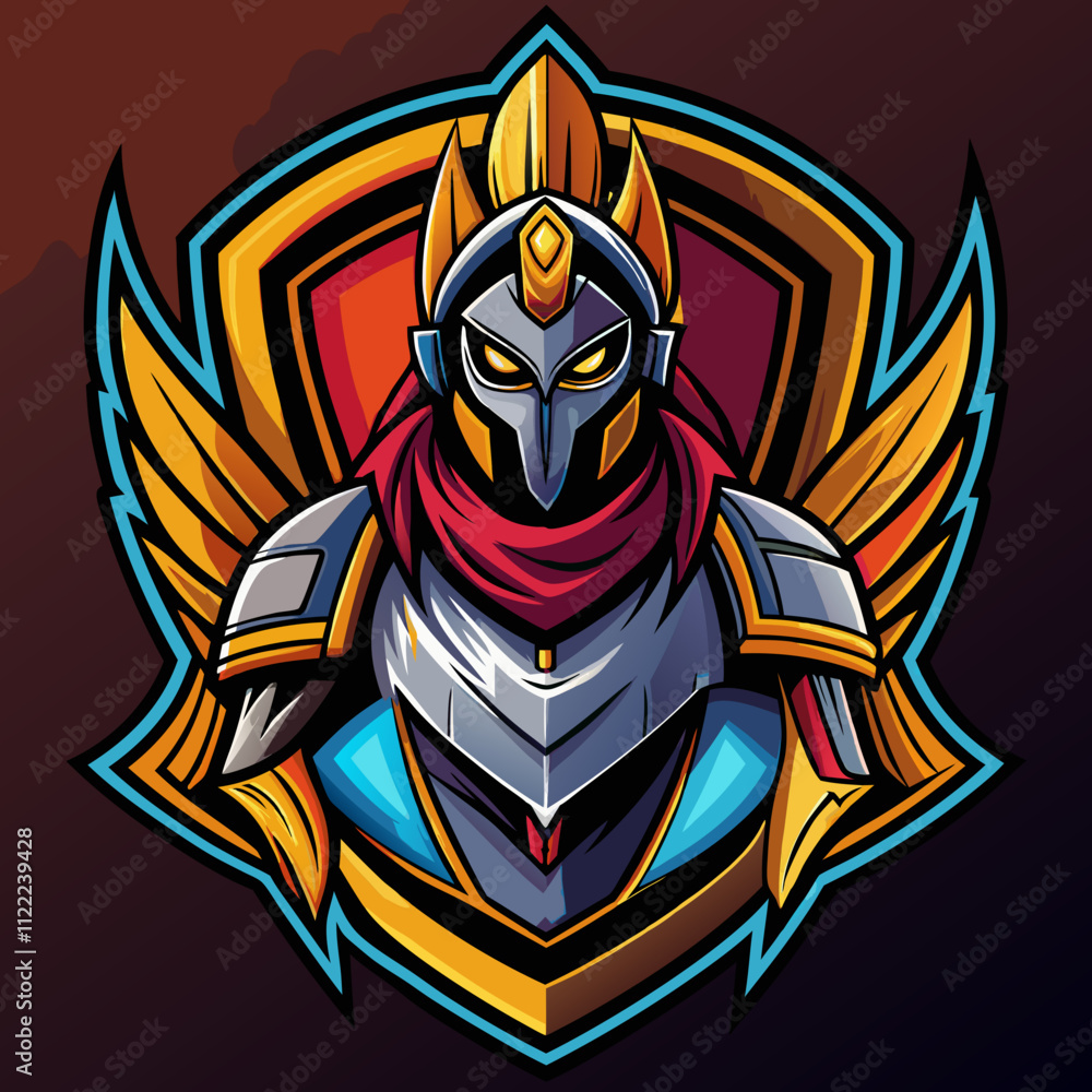Fototapeta premium Paladin esports logo featuring a knightly figure with armor and wings in a vibrant design suitable for gaming