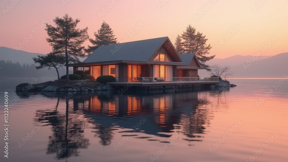 Fototapeta premium Luxury Waterfront Villa at Sunset