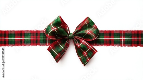 Festive Christmas red and green plaid bow with border ribbon on a white background.