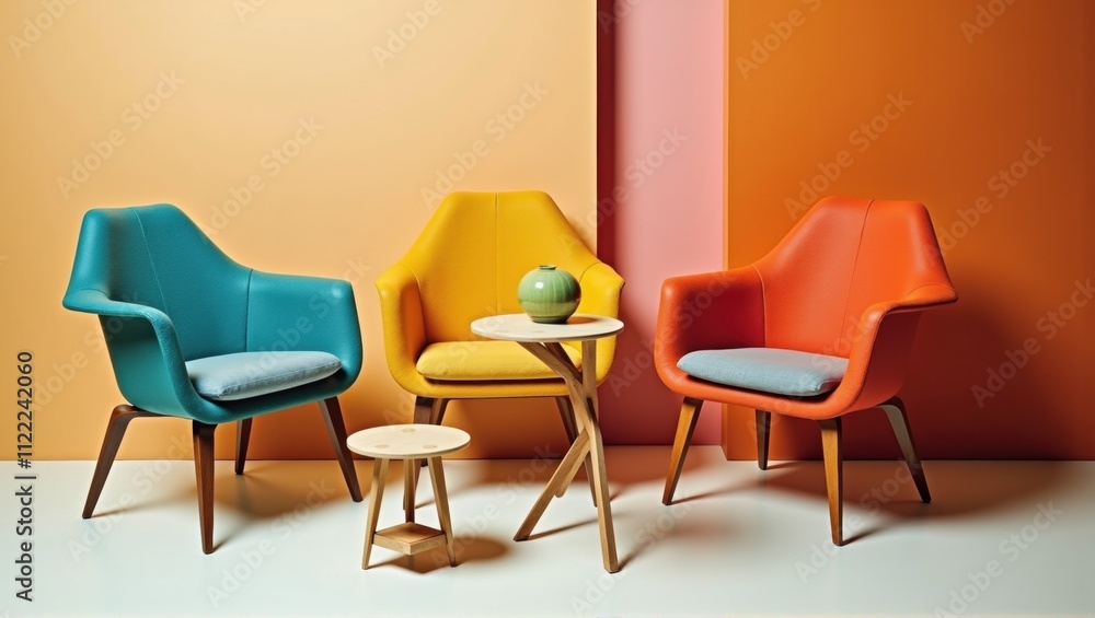 Fototapeta premium Colorful modern living room interior with arches and stylish furniture. Generative, AI,