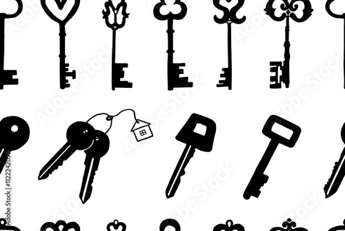 Seamless pattern of key silhouettes in doodle style. Housewarming. Home sweet home, welcome home, new home, happy house warming, house keys, deal. Great for professional design. Hand drawn