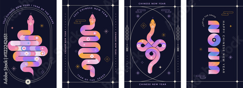 Chinese new year 2025 year of the Snake. Red Snake illustrations, vertical design, cards, banners. Traditional Chinese vector designs with snakes. Lunar new year concept, geometric modern design