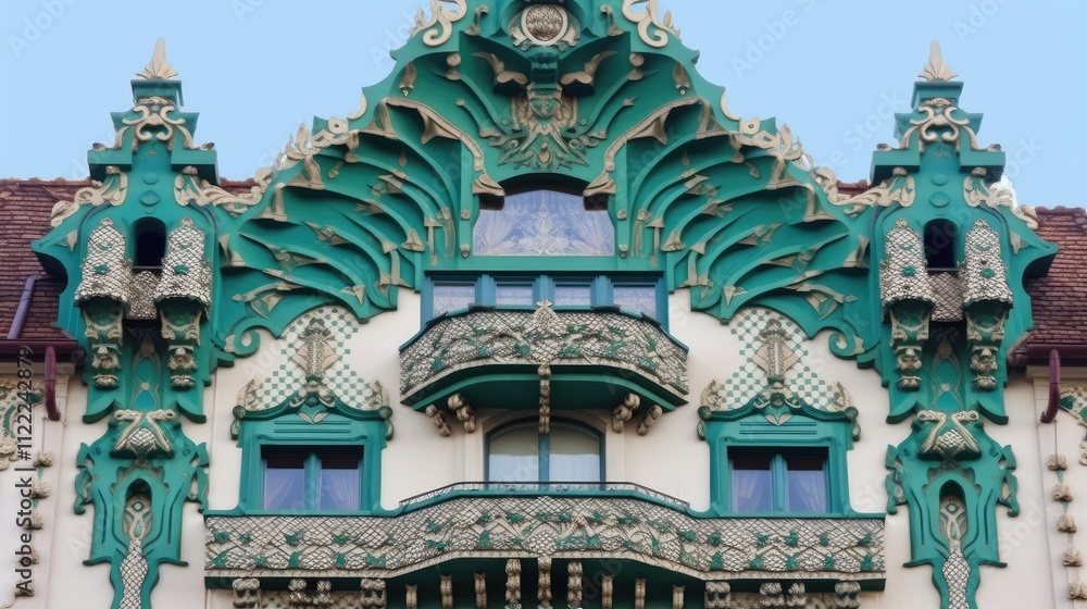 Fototapeta premium Ornate architectural facade featuring intricate green designs and decorative elements.