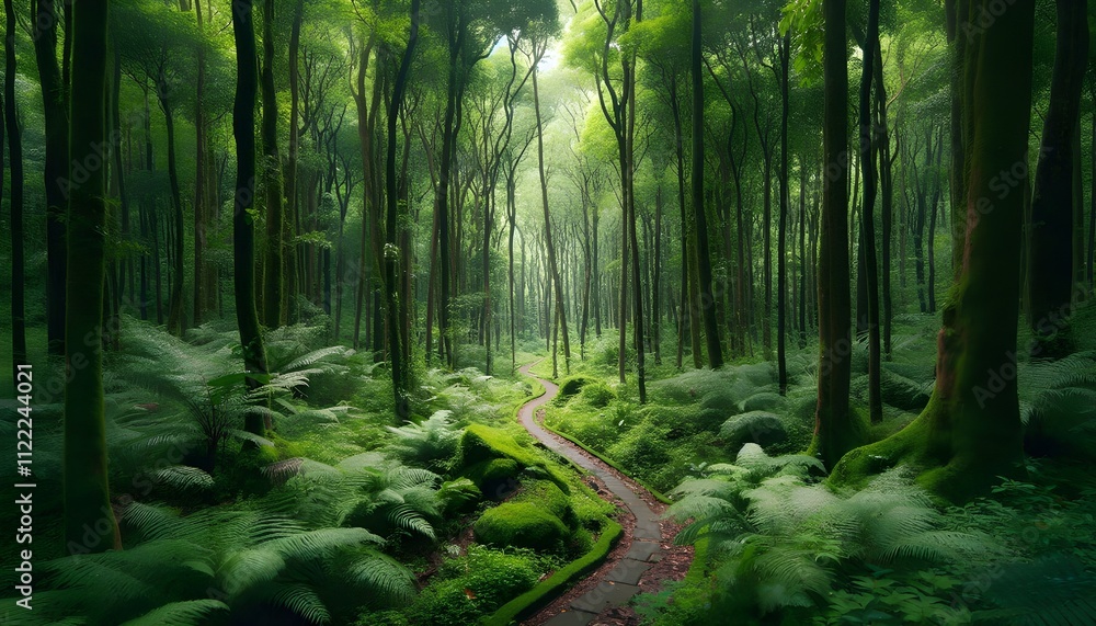 Obraz premium Lush Green Forest with Path Leading Through Dense Vegetation