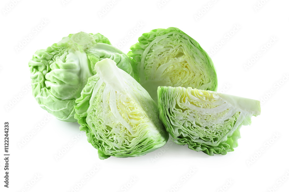 Whole and cut cabbages isolated on white Whole and cut cabbages isolated on white