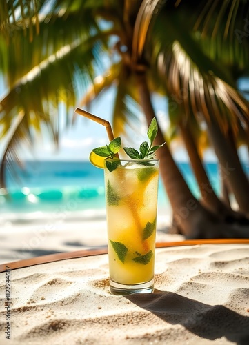 Coctails - Drink - Exotic beach-themed background with a mojito cocktail with a bamboo straw, mint leaves, and a lime wedge photo