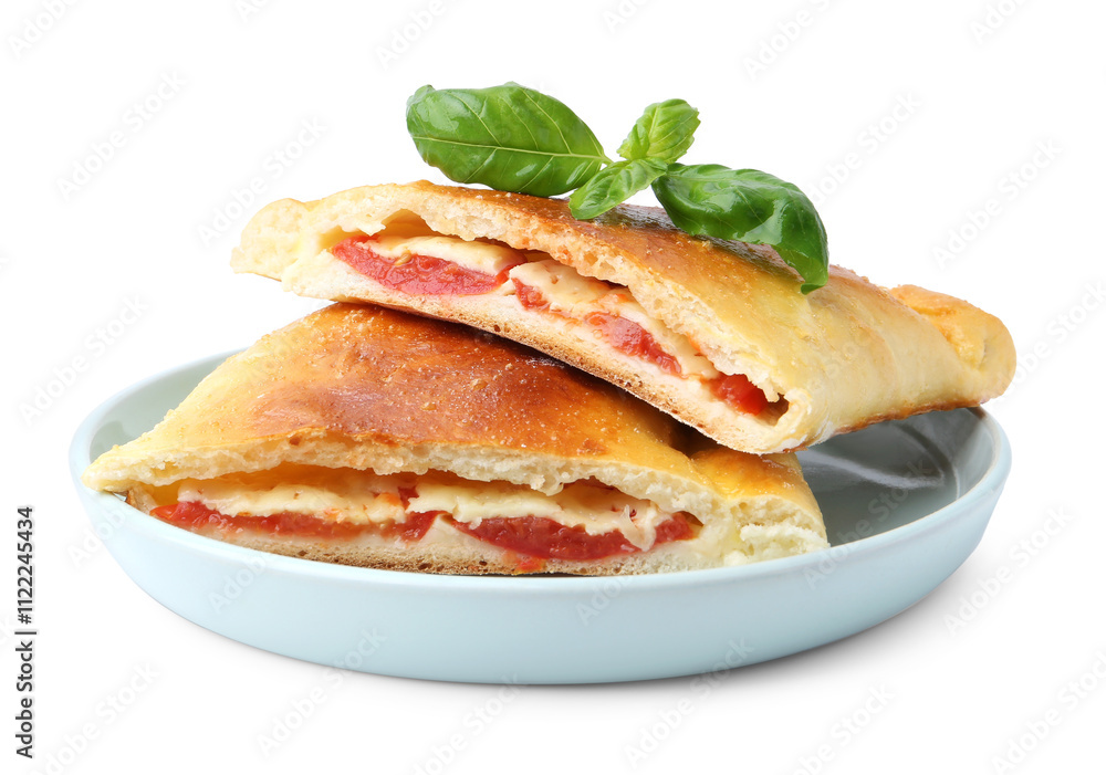 Pieces of tasty vegetarian calzone with tomato, cheese and basil isolated on white Pieces of tasty vegetarian calzone with tomato, cheese and basil isolated on white