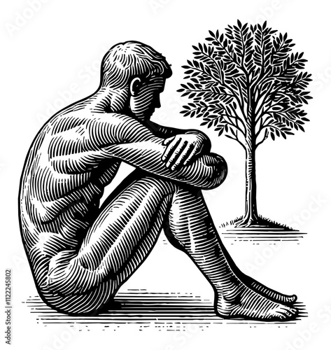 person seated alone, in a contemplative sad pose, side view, engraving black and white outline