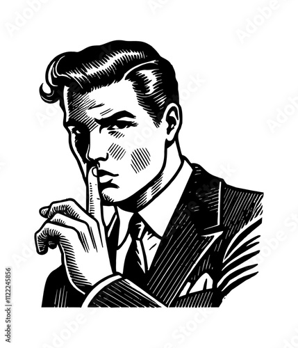 man wear suit and do silence hand gesture engraving black and white outline