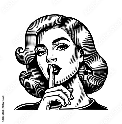 woman with silence hand gesture engraving black and white outline
