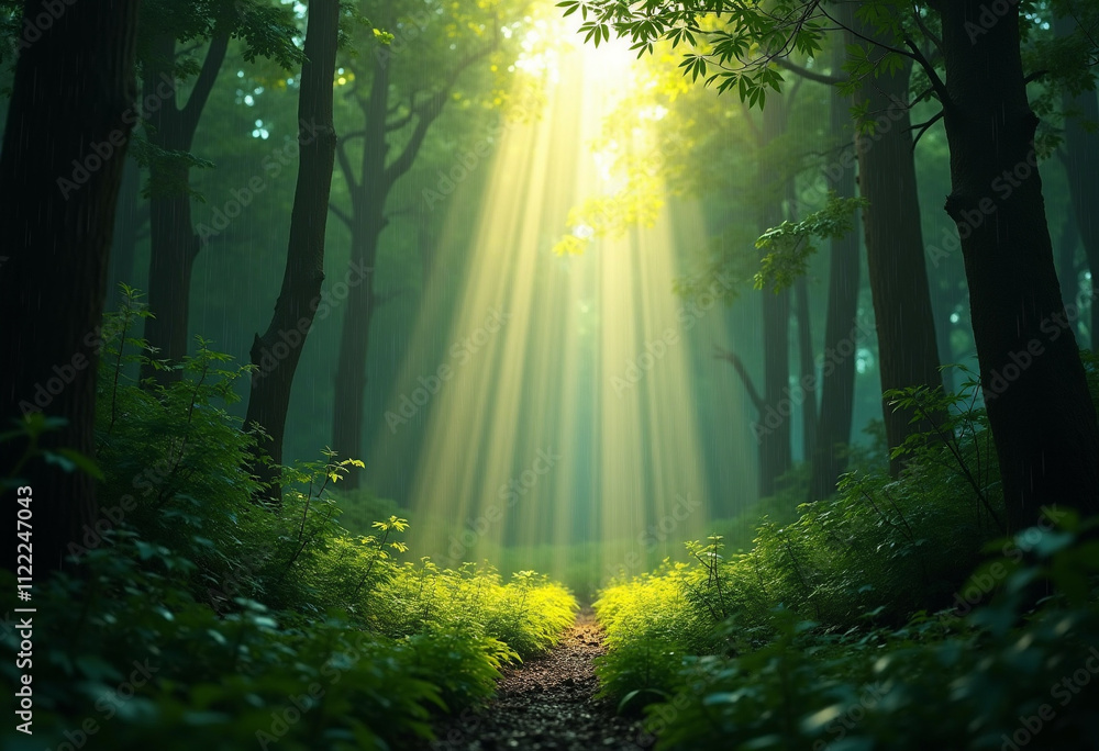 Obraz premium Sunbeams illuminate misty forest path creating magical atmosphere.