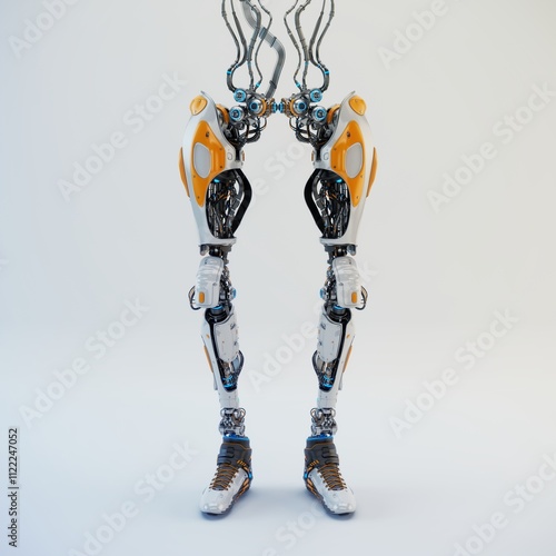 Konstfotografi Futuristic robotic legs with detailed mechanical joints and vibrant orange accen