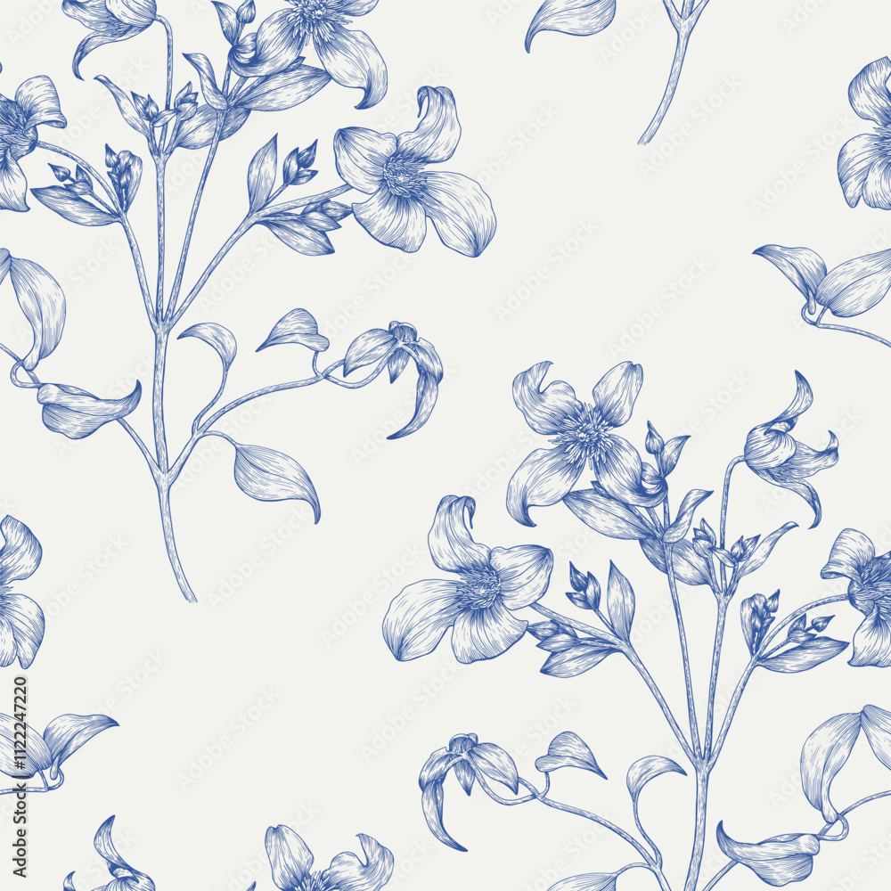 Fototapeta premium Toile art Floral vector vintage seamless pattern flowers of Clematis blue on a beige. Hand drawn background for design packaging, textile, wrapping paper, wallpaper, Fashion apparel. Monochrome