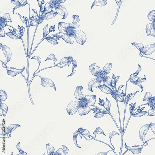 Toile art Floral vector vintage seamless pattern flowers of Clematis blue on a beige. Hand drawn background for design packaging, textile, wrapping paper, wallpaper, Fashion apparel. Monochrome