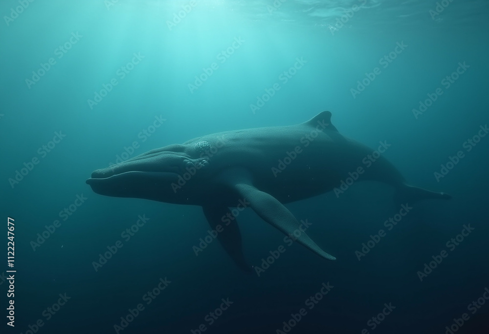 Fototapeta premium A majestic whale gracefully glides through the deep ocean bathed in sunlight.