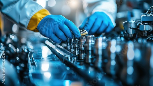 A technician wearing blue gloves works with precision on mechanical components in a factory setting, emphasizing safety and attention to detail.