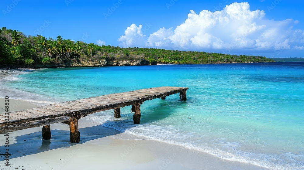Fototapeta premium Serene Tropical Beach with Wooden Dock Against Blue Sky and Water