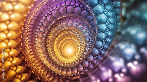 A mesmerizing digital artwork depicting a vibrant, multicolored spiral fractal. The intricate design features glowing, bubblelike textures and a central light source.  photo