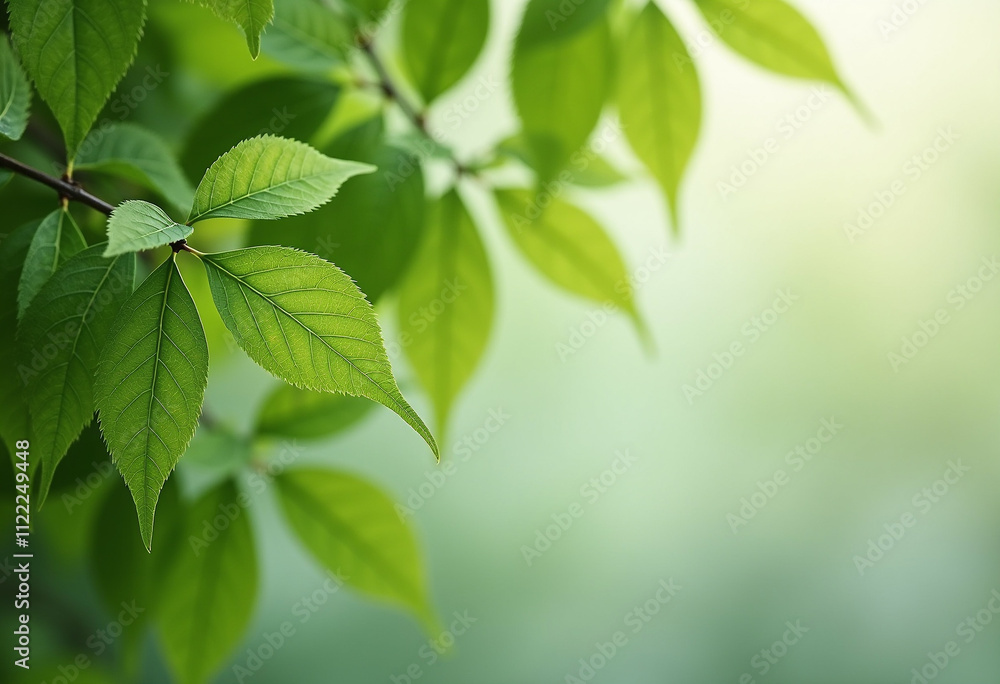 Obraz premium Vibrant green leaves of a tree branch showcasing the beauty of nature's freshness.