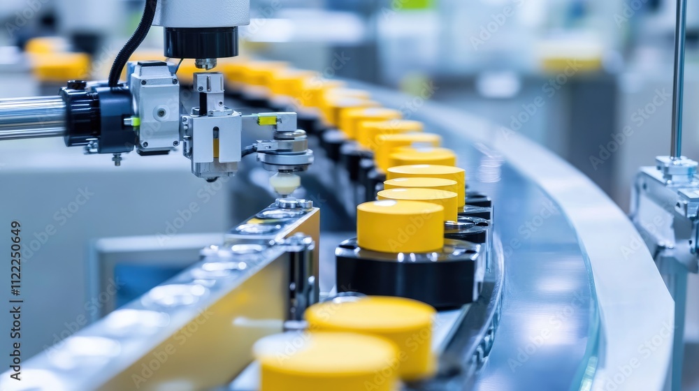 Fototapeta premium Robotic Arm Handling Yellow Cylindrical Products on Production Line