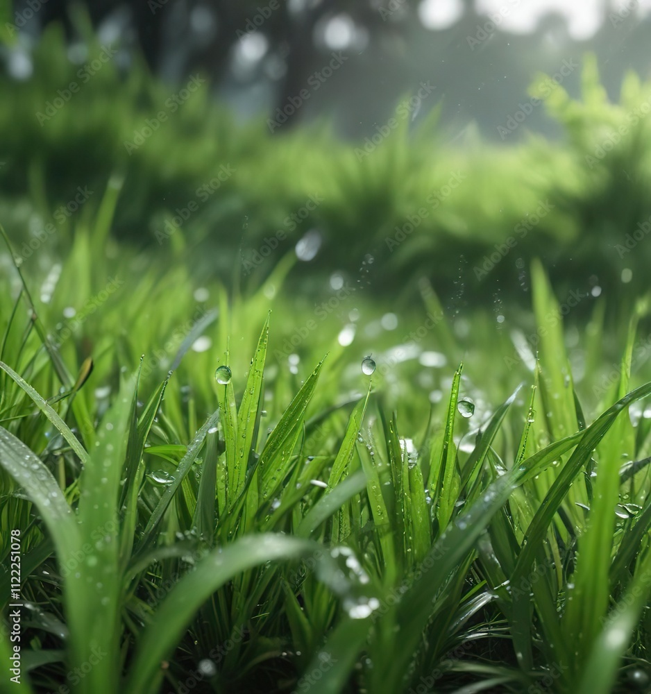 Obraz premium Tall blades of green grass swaying gently in the wind with raindrops on the leaves , gentle, sway, tall
