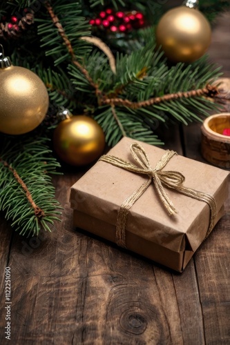 Christmas concept with Christmas Present, ornaments, and Christmas tree branches on wooden background