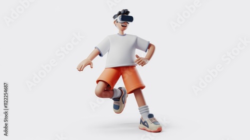 A joyful 3D cartoon boy wearing VR headset, playfully leaps in virtual reality.