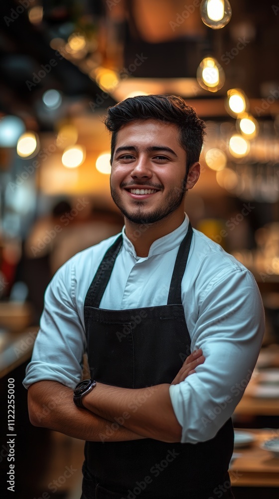Fototapeta premium young male smiling latin waiter working in a restaurant cafe bar city portrait, photography