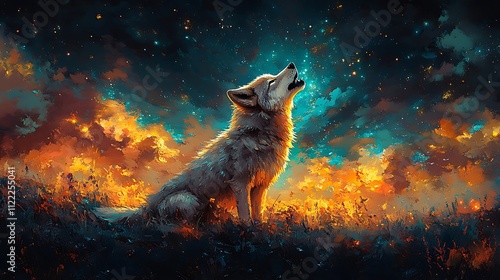 Howling Wolf Majestic Neon Cloud Sky Vibrant Illustration photo