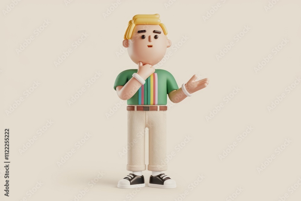 A 3D cartoon man with blond hair, green shirt, and beige pants, looks thoughtful and gestures. A 3D cartoon man with blond hair, green shirt, and beige pants, looks thoughtful and gestures.
