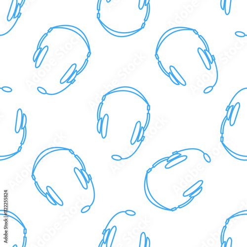 Vector seamless pattern with blue headphones. Image of headset or earphones isolated on a white background. Concept for listening to music, service, communication, call center and operator.