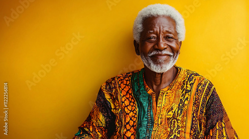 A proud elderly African man in a vibrant dashiki shirt, perfect for cultural events, African heritage celebrations, advertising, or marketing materials. photo