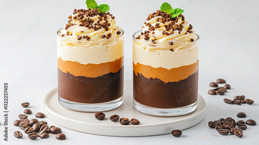 Indulge in these decadent dessert cups featuring layers of chocolate, caramel, and whipped cream, topped with coffee beans and fresh mint. Indulge in these decadent dessert cups featuring layers of chocolate, caramel, and whipped cream, topped with coffee beans and fresh mint.