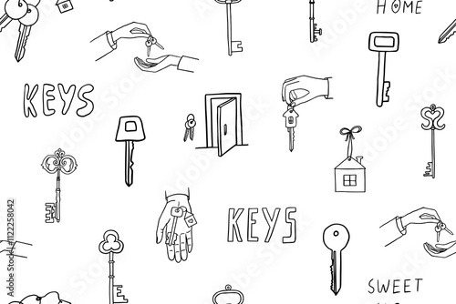 Seamless pattern of housewarming in doodle style. House keys, deal. Home sweet home, welcome home, new home, happy house warming, Good for banner, cards, professional design. Hand drawn