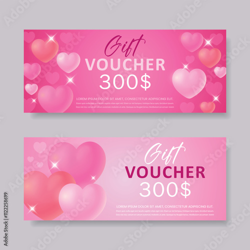 Gift certificate for a holiday with hearts. Gift certificate template with volumetric hearts.