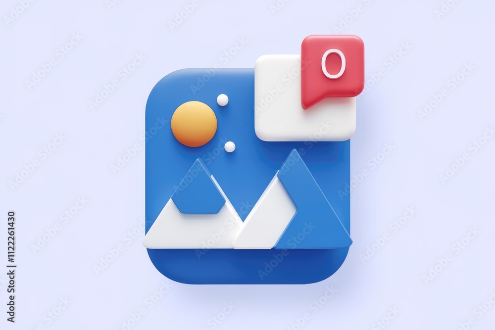 3D illustration of a photo app icon with a notification, depicting mountains and a sun. 3D illustration of a photo app icon with a notification, depicting mountains and a sun.