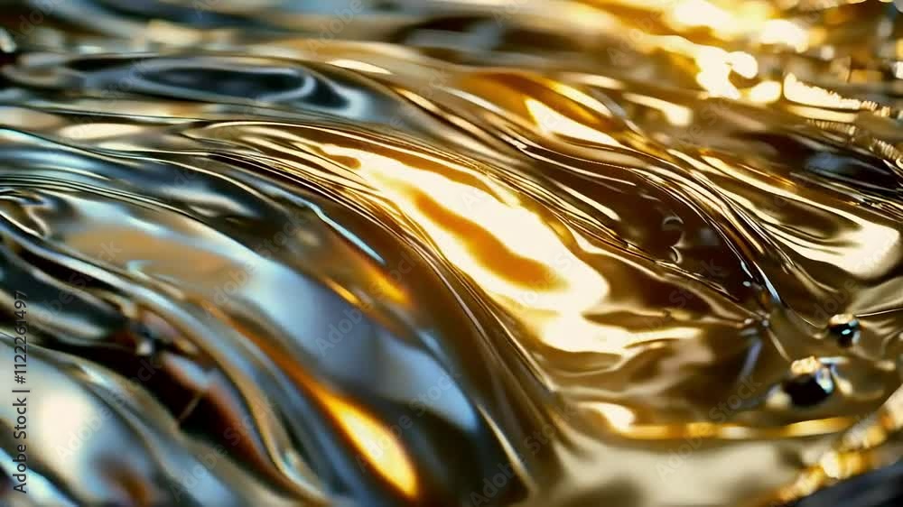 Abstract gold and silver liquid swirls, metallic texture background.