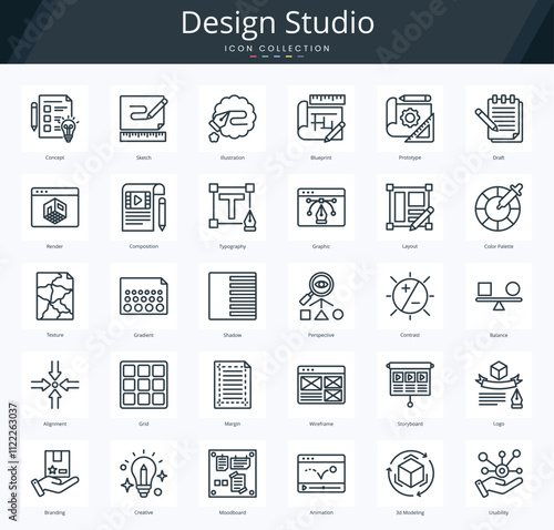 Design studio outline icon pack for visual identity and drawing tools