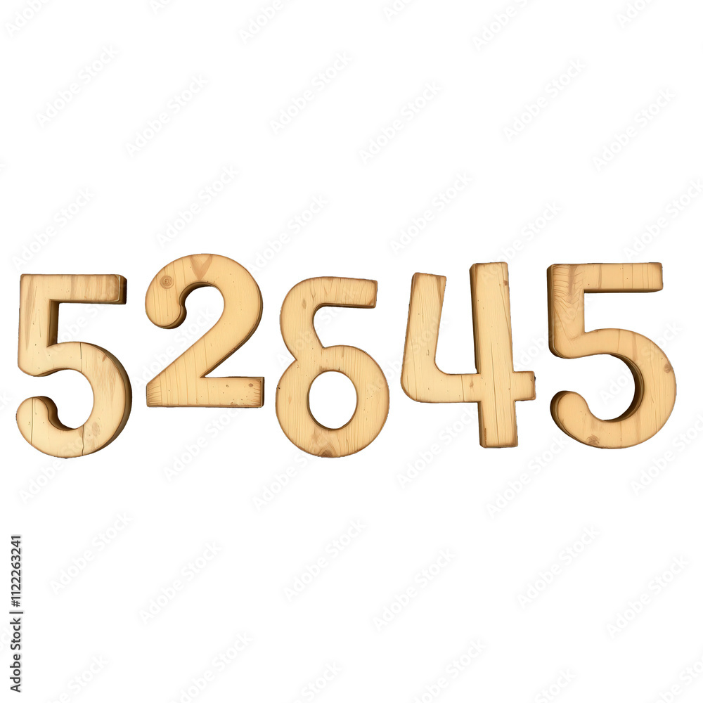 Bold Wooden Numerals: 52645 - A Rustic Touch of Charm on a Clear Canvas, Perfect for Creative Projects. Bold Wooden Numerals: 52645 - A Rustic Touch of Charm on a Clear Canvas, Perfect for Creative Projects.