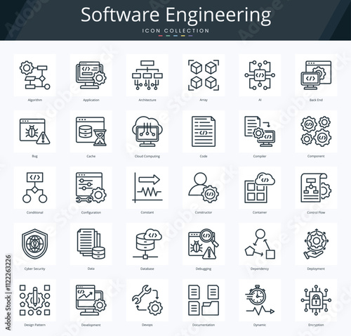 Software engineering outline icon pack for devops and programming development