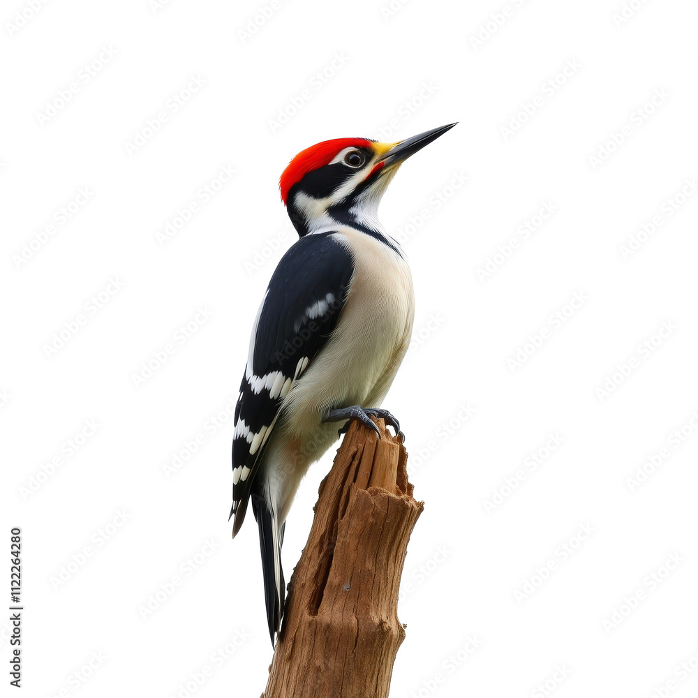 Fototapeta premium Nature’s Artisan: A Striking Woodpecker with a Fiery Crest Perched Gracefully on a Branch, Perfectly Captured Against a Transparent Canva