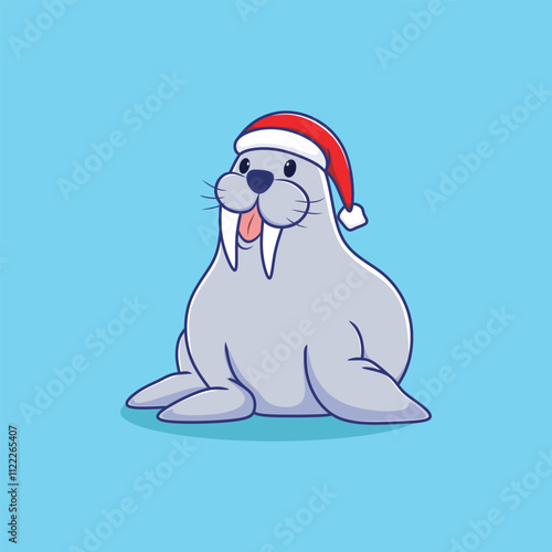 Cute Walrus Wearing A Christmas Hat Cartoon Vector Icon Illustration. Science Technology Flat Cartoon Concept