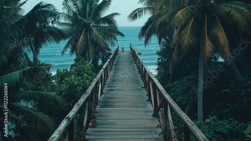 Serene Tropical Pathway Leading to Calm Ocean, Surrounded by Lush Palm Trees Under a Soft Overcast Sky, Inviting Tranquil Escape for Nature Enthusiasts and Explorers photo