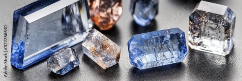 Rare Benitoite Gems Shine Softly, Showcasing Their Stunning Blue Hues and Unique Shapes photo