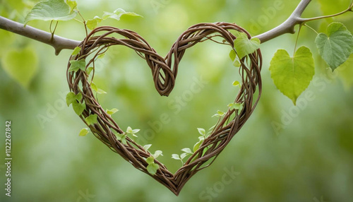Intertwined brown vines form a heart shape against a blurred green background. Happy Valentine's Day, Valentine's Day Background.