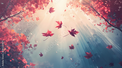 Warm afternoon sunbeams dance across fluttering crimson maple leaves twirling whimsically in gentle zephyr breeze with cinematic color grading and soft focus. Zephyr. Illustration photo