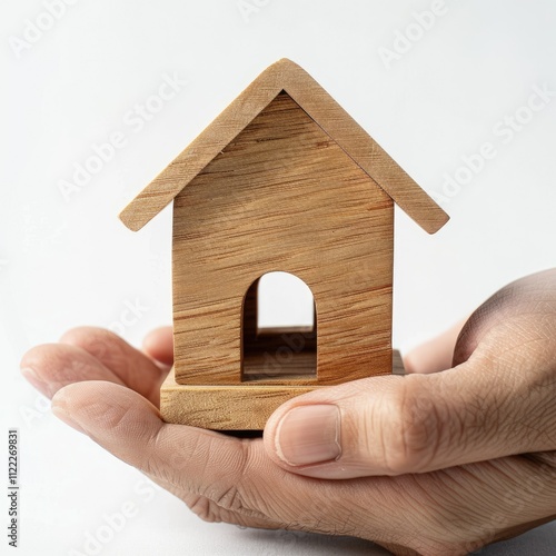 A hand gently cradles a small wooden house symbolizing homeownership security and dreams.