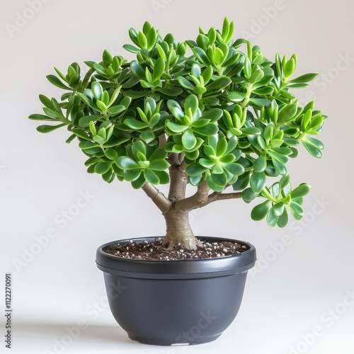 A lush jade plant  meticulously pruned into a bonsai like form  sits in a sleek black pot. photo