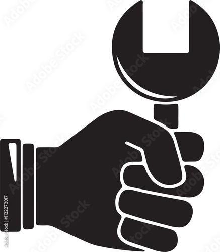 The illustration of a hand holding a machine key icon in silhouette