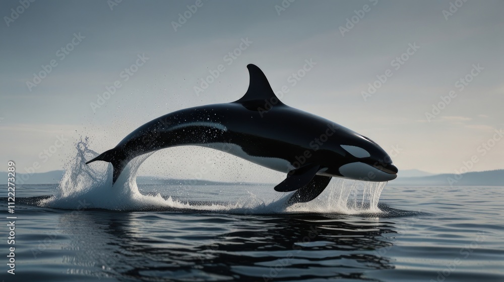 Fototapeta premium Orca whale leaping from ocean water.